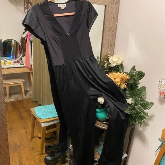 French Maid Vintage Lingerie Black Satin Romper Jumpsuit - Picture 2 of 5